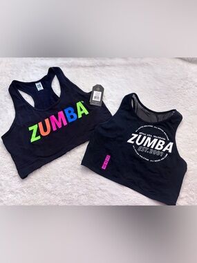 Zumba Fitness Black Crop Tops with Multicolor Logo and White Print